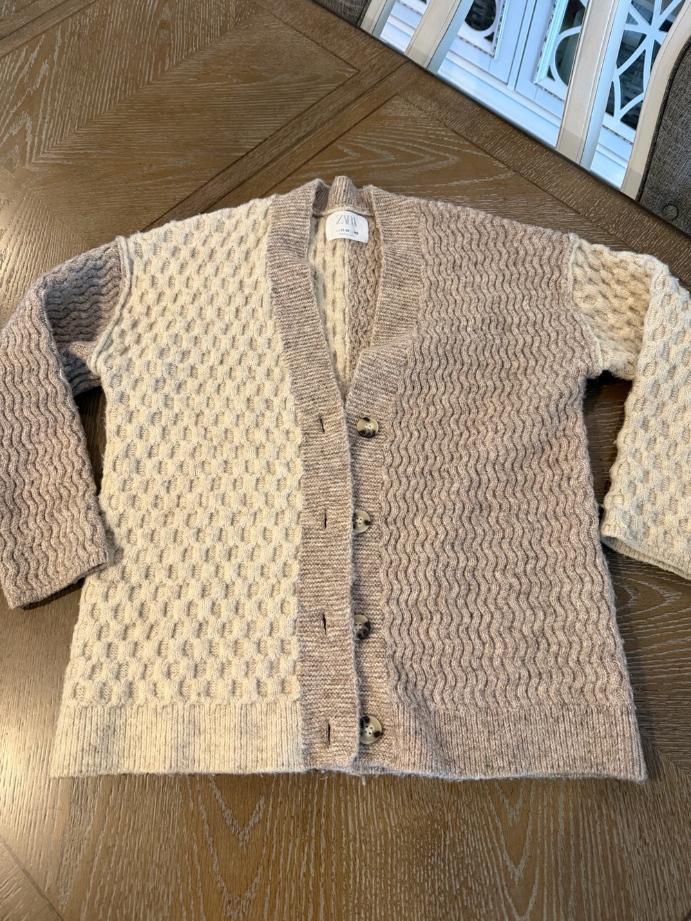 Zara Kids Cream and Taupe Chunky Knit Cardigan - Button Front Youth 11/12